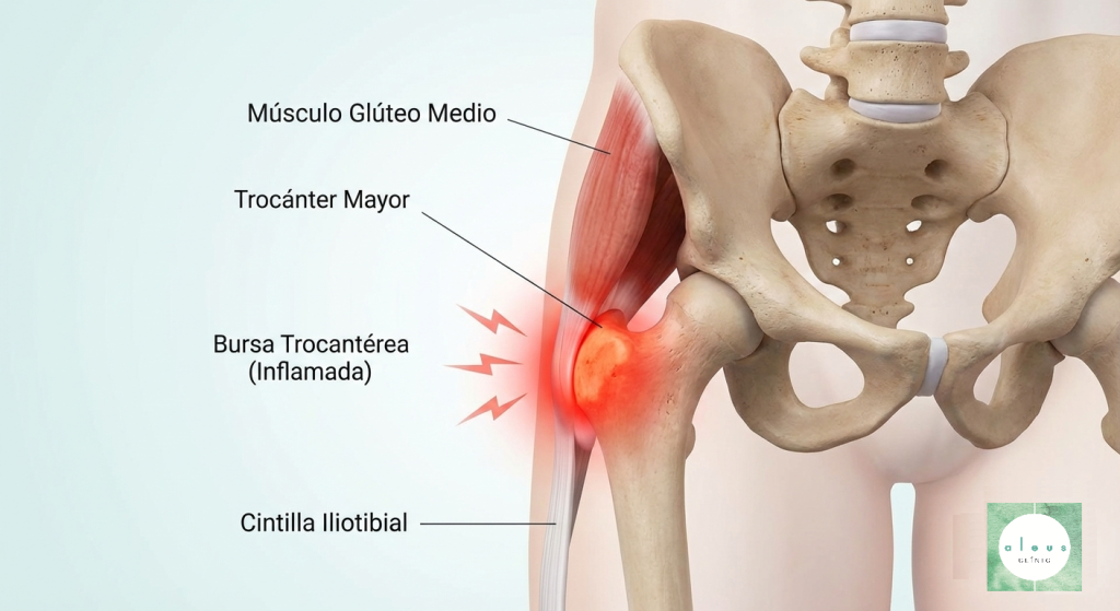 Il·lustració mèdica de l'anatomia del maluc mostrant la bursa trocantèria inflamada, causa de la trocanteritis. Imatge propietat d'Aleus Clinic Reus.
