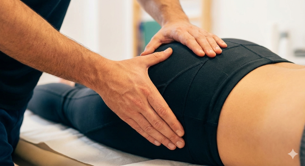 Primer plano de manos de fisioterapeuta realitzando terapia manual miofascial en la zona de la cadera para tratar la trocanteritis en Reus.